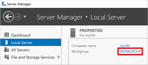 Aprire Server Manager nella macchina virtuale e modificare la proprietà del gruppo di lavoro