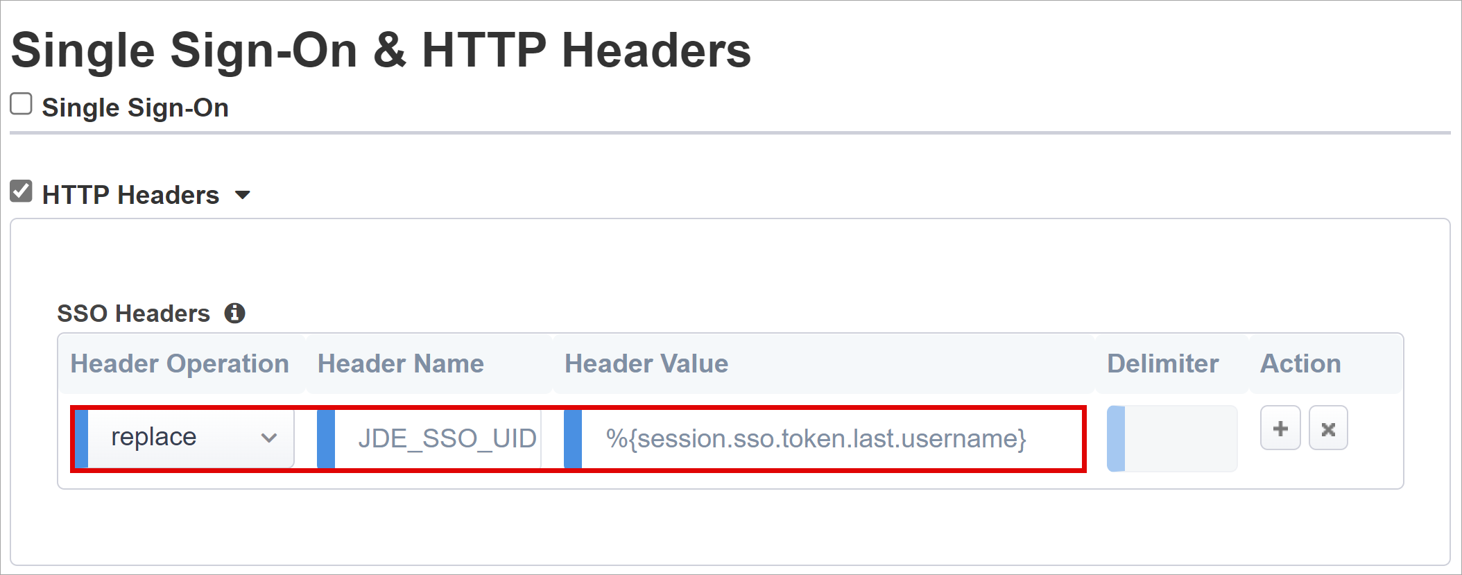 Screenshot delle voci Operazione intestazione, Nome intestazione e Valore intestazione in Intestazioni HTTP e Single Sign-On.