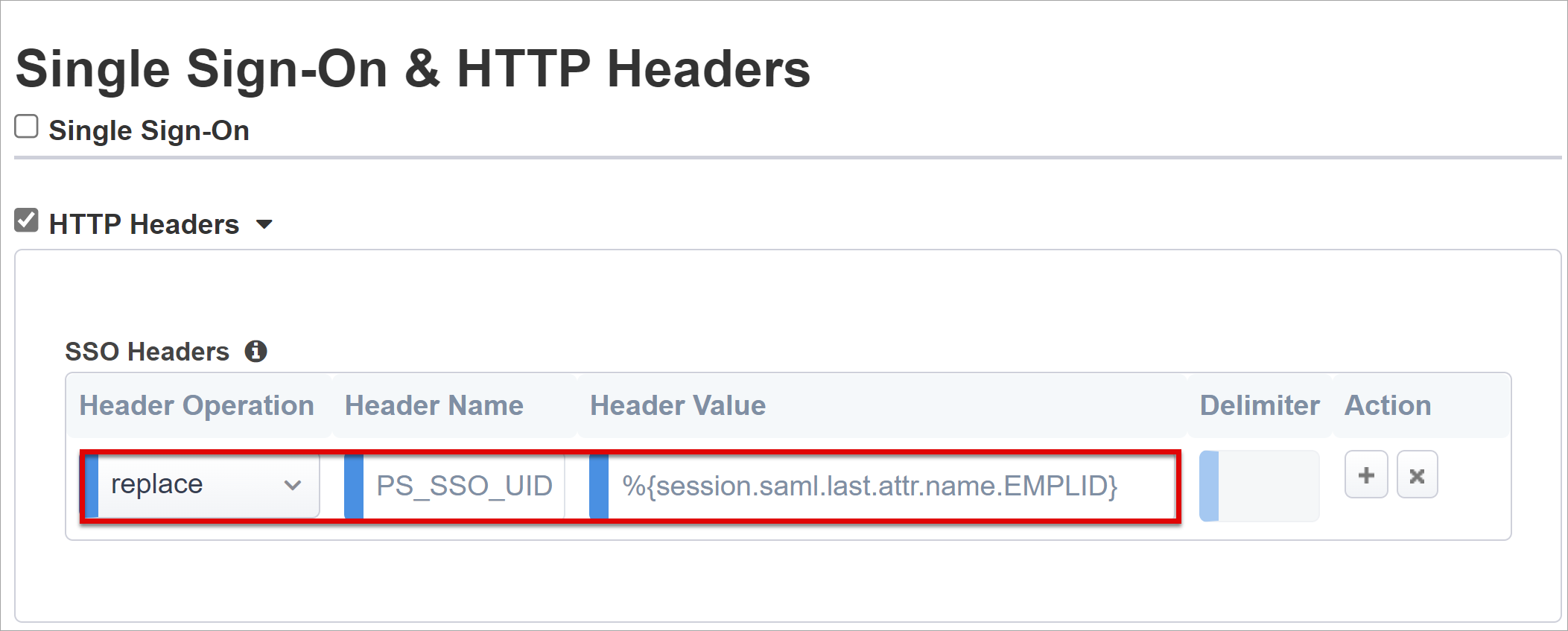 Screenshot delle voci Operazione intestazione, Nome intestazione e Valore intestazione in Intestazioni HTTP e Single Sign-On.