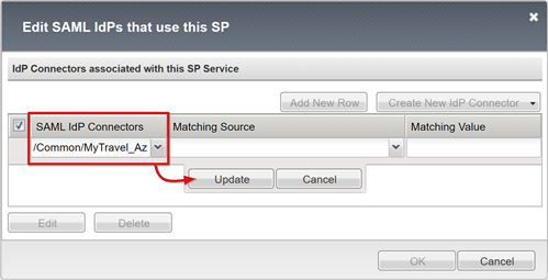 Screenshot dell'opzione Update in SAML IdP Connessione ors.