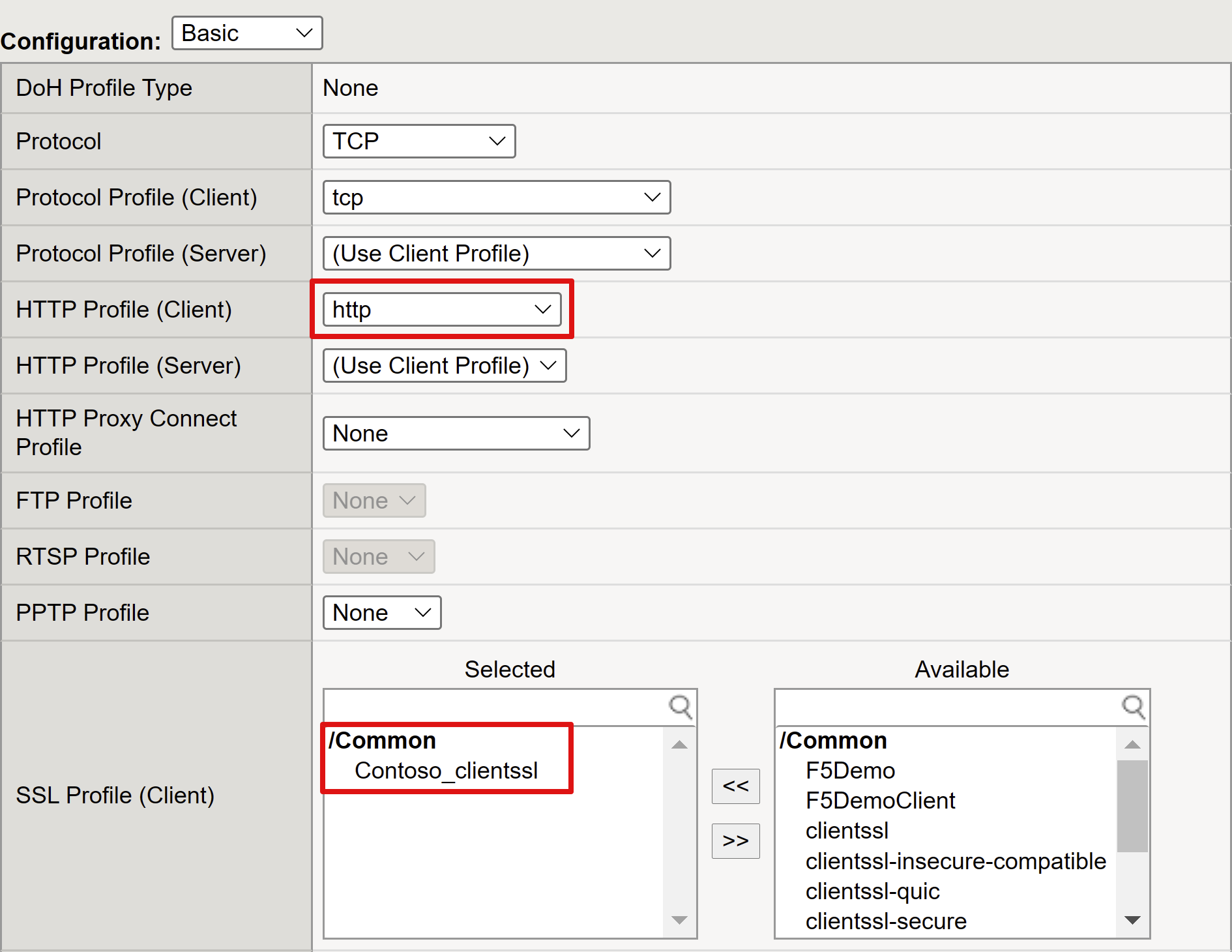 Screenshot delle voci del profilo HTTP e del profilo SSL per client.