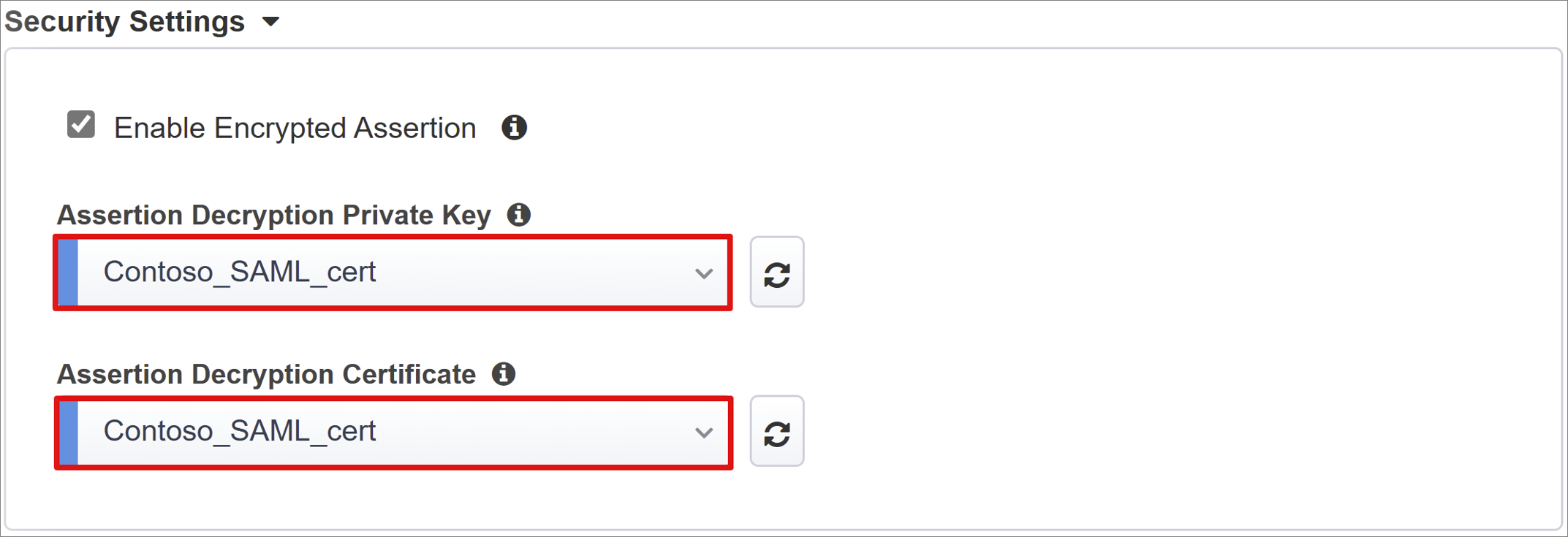 Screenshot dei certificati per la Chiave privata di decrittografia asserzione e per la Decrittografia dell'asserzione.