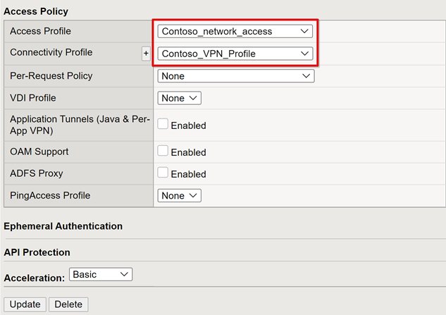 Screenshot delle voci Access Profile e Connectivity Profile in Access Policy.