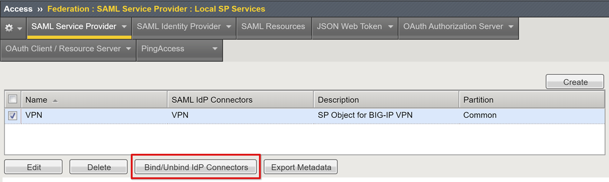 Screenshot dell'opzione Bind/UnBind IDP Connectors nella pagina Local SP Services.