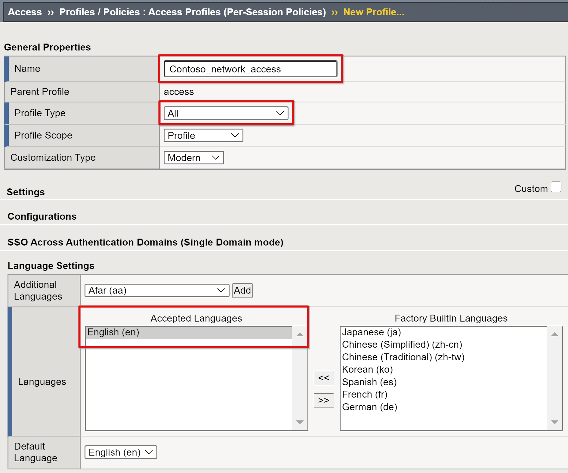 Screenshot delle voci Name, Profile Type e Language in New Profile.