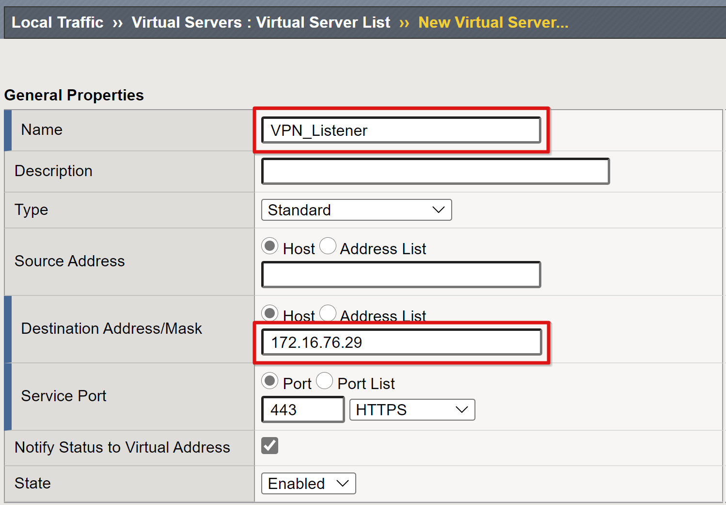 Screenshot delle voci Name and Destination Address o Mask in General Properties.