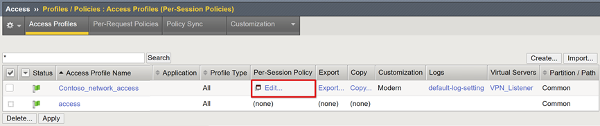 Screenshot dell'opzione Edit in Access Profiles (Per-Session Policies).