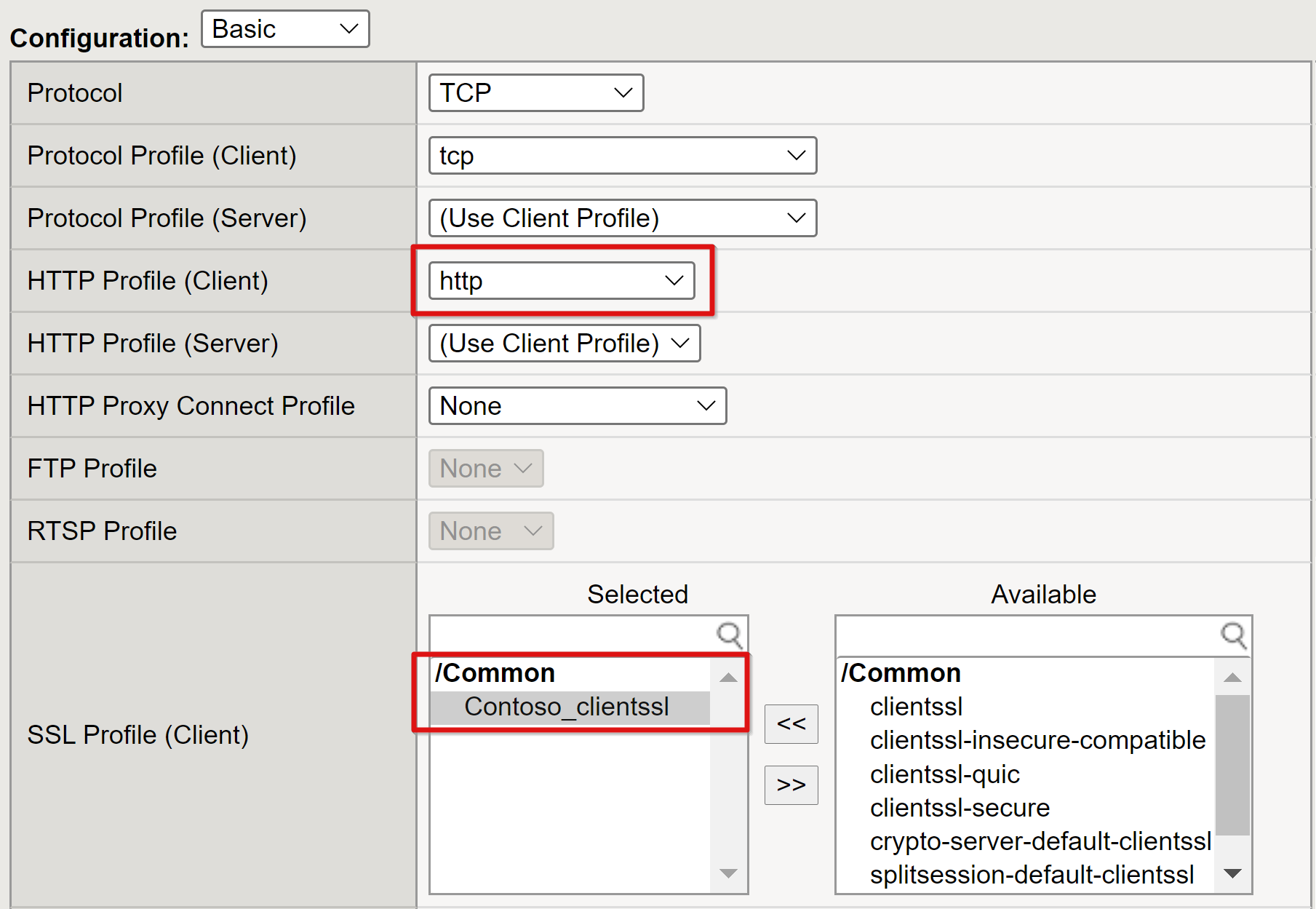 Screenshot delle voci HTTP Profile per il client e del profilo SSL selezionato per il client.