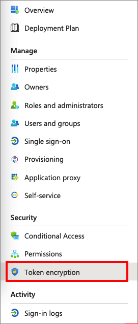 Screenshot che mostra come selezionare l'opzione Crittografia token nell'interfaccia di amministrazione di Microsoft Entra.
