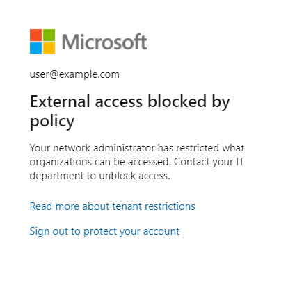 Screenshot del messaggio di errore relativo a Restrizioni del tenant, da aprile 2021.