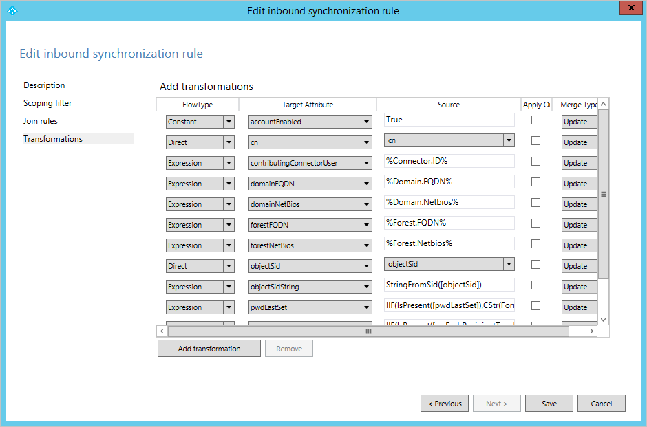 Scheda Transformations (Trasformazioni) nell'editor delle regole di sincronizzazione