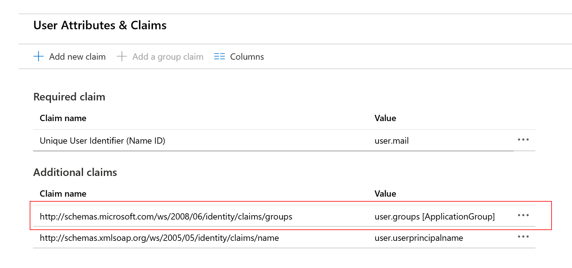 Screenshot dell'area per attributi utente e attestazioni, con il nome di un'attestazione di gruppo evidenziata.