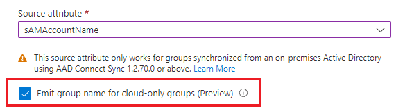 Screenshot che mostra la configurazione per generare l'attributo del gruppo locale per i gruppi sincronizzati e il nome visualizzato per i gruppi cloud.