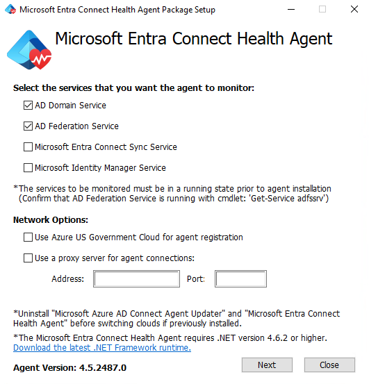 Screenshot che mostra la finestra di installazione di Microsoft Entra Connessione Health agent for AD DS.