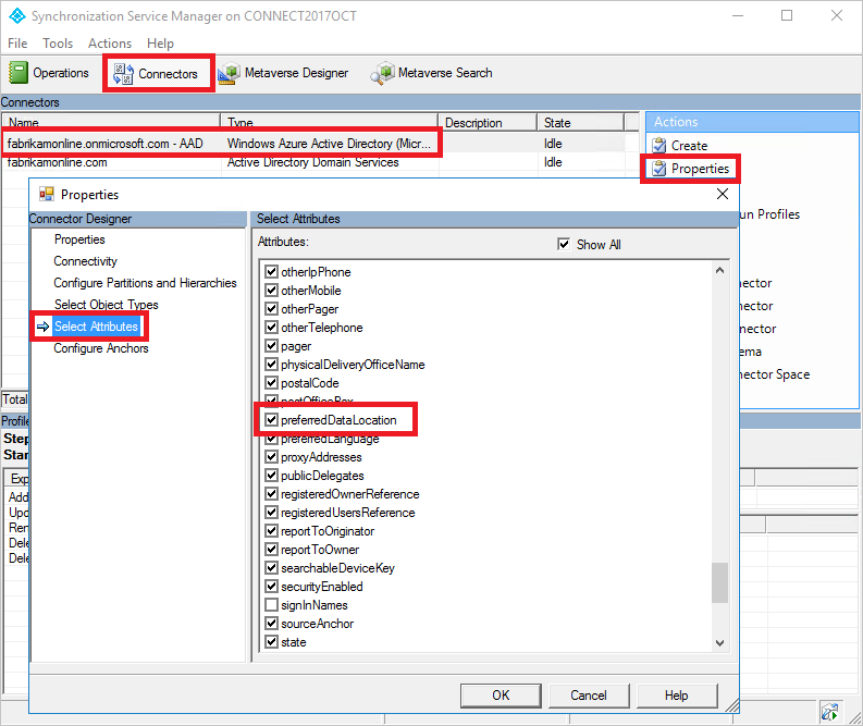 Screenshot di Synchronization Service Manager e della finestra di dialogo Proprietà