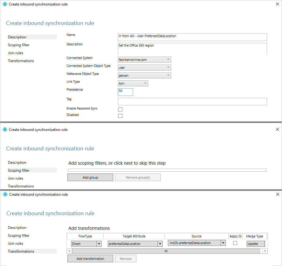 Screenshot della pagina di creazione regola di sincronizzazione in ingresso