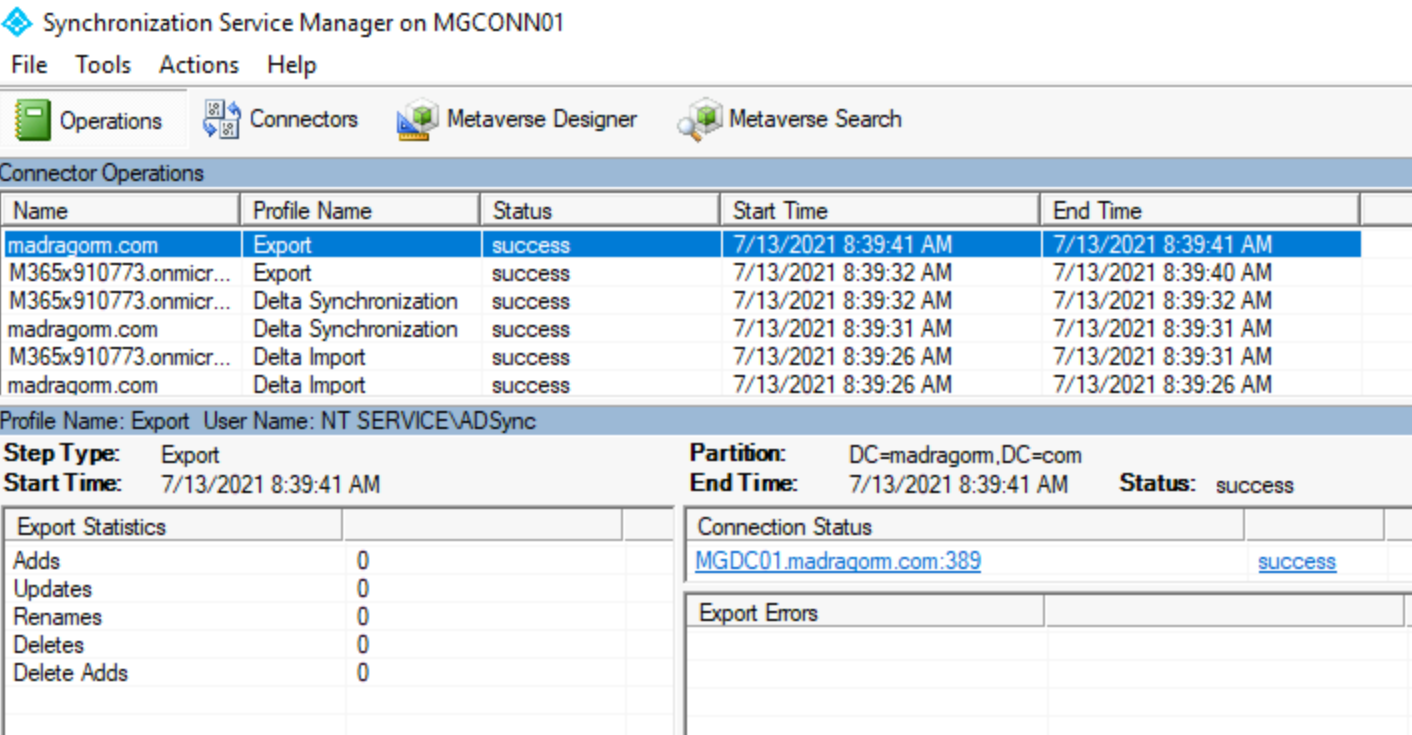 Screenshot che mostra la console del servizio di sincronizzazione nella finestra di dialogo Staging Microsoft Entra Connect.