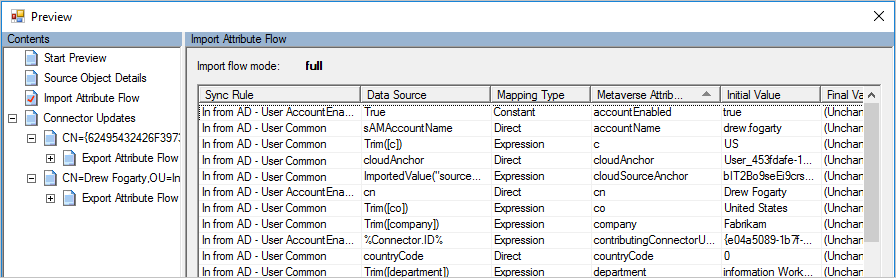 Screenshot della pagina di anteprima con la scheda Import Attribute Flow (Importa flusso attributi)