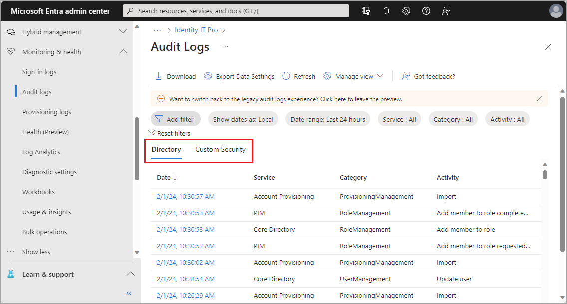 Screenshot dei log di audit, con le schede Directory e Sicurezza personalizzata evidenziate.