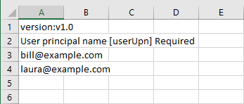 Screenshot di un file CSV modificato per l'aggiunta di utenti a un'unità amministrativa in blocco.