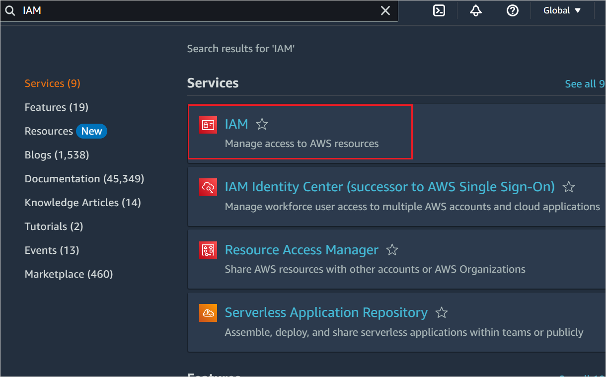 Screenshot della pagina dei servizi AWS con l'opzione Identity and Access Management (Gestione delle identità e degli accessi) evidenziata.