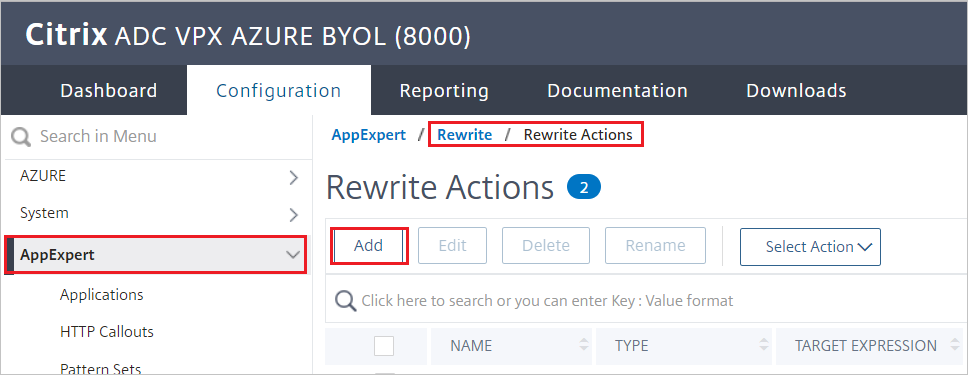 Configurazione di Citrix ADC - Riquadro Azioni di riscrittura