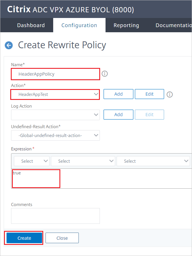 Configurazione di Citrix ADC - Riquadro Criterio di Crea riscrittura