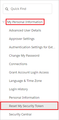 Screenshot che mostra Reset My Security Token (Reimposta token di sicurezza personale) selezionato in Personal Information (Informazioni personali).
