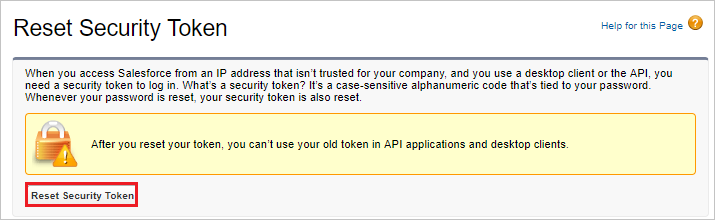 Screenshot che mostra la pagina Reset Security Token (Reimposta token di sicurezza), con testo esplicativo e l'opzione Reset Security Token (Reimposta token di sicurezza)
