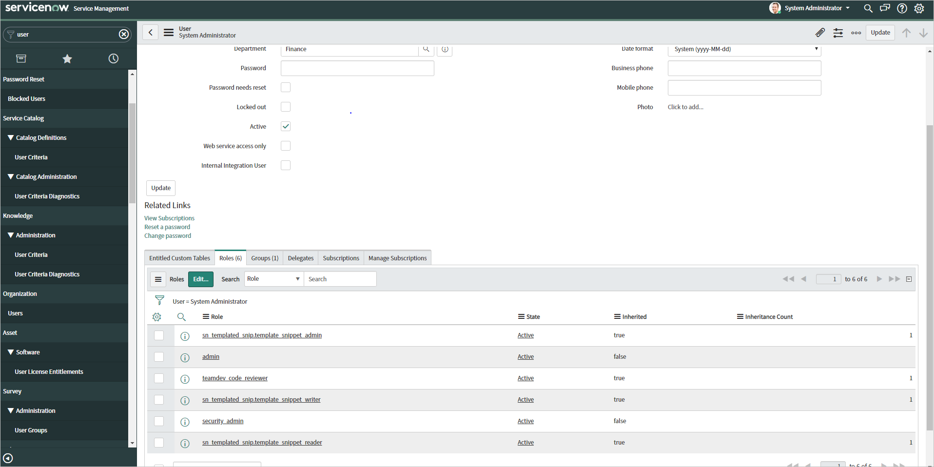 Screenshot che mostra un ruolo di amministratore di ServiceNow.