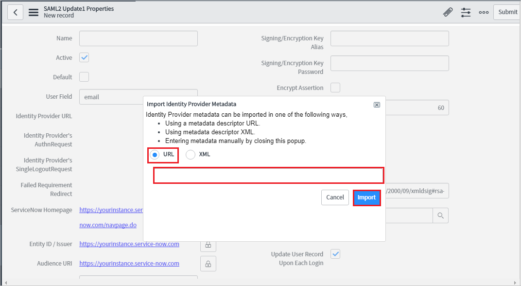 Screenshot of Import Identity Provider Metadata, with URL and Import highlighted