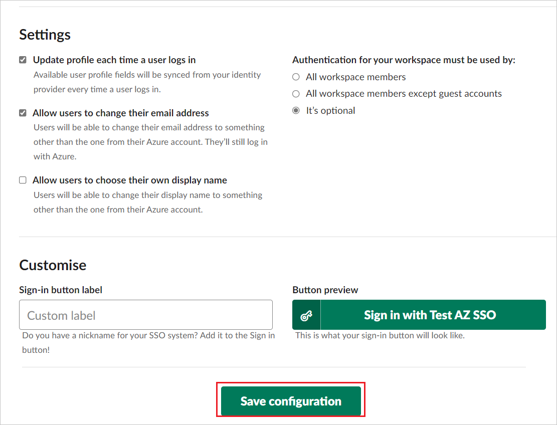 Screenshot di Configure Save configuration Single Sign-On App Side (Configura configurazione salvataggio single sign-on sul lato app).