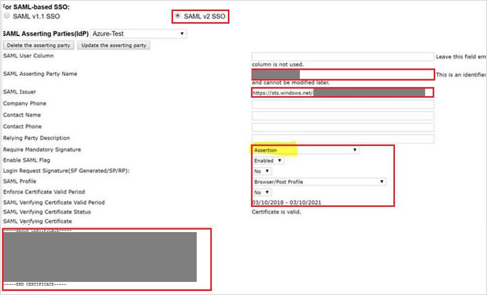 Screenshot shows the For SAML-based S S O pane where you can where you can enter the values described.