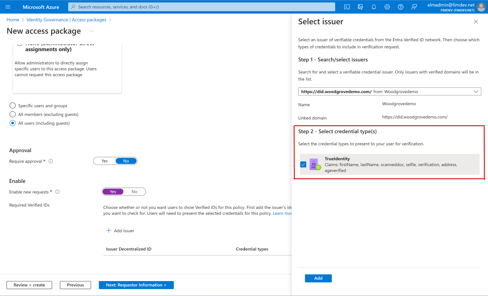 Screenshot che mostra l'area per la selezione dei tipi di credenziali per un pacchetto di accesso.