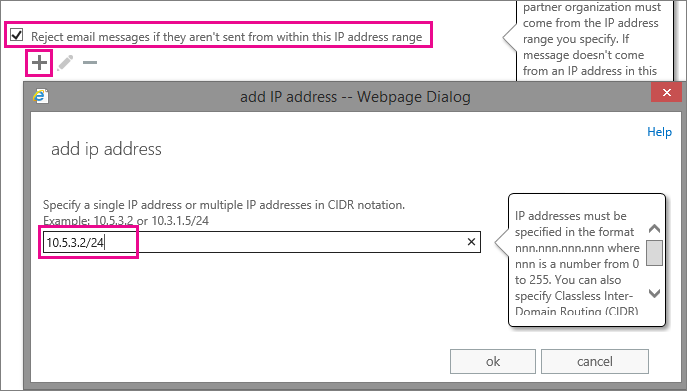 Screenshot che mostra come immettere l'intervallo di indirizzi IP dell'organizzazione partner.