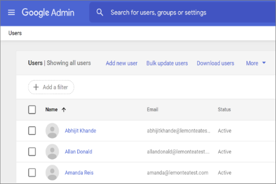 Elenco di utenti nell'interfaccia di amministrazione di Google.