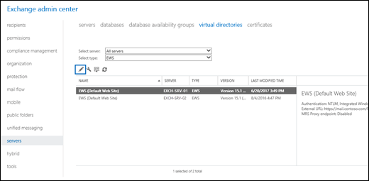 Nell'interfaccia di amministrazione di Exchange passare a Server > Directory virtuali e selezionare la directory virtuale EWS.