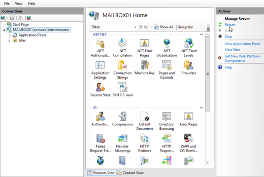 In Gestione IIS selezionare il server e nel riquadro Azioni fare clic su Riavvia.
