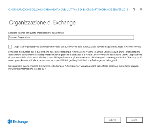 Installazione di Exchange, Pagina Organizzazione di Exchange.