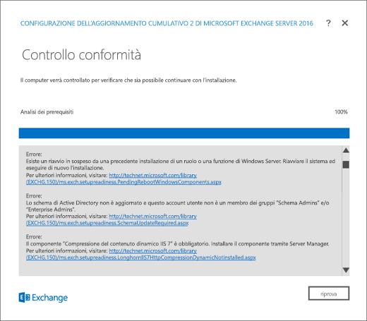 Installazione di Exchange, Pagina Verifica preparazione con errori rilevati.