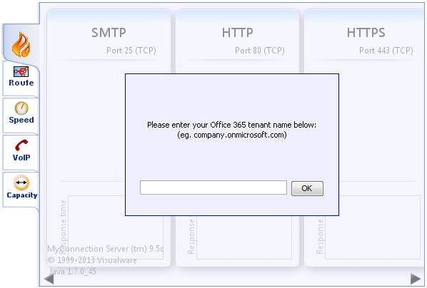 Screenshot dell'immissione del nome del tenant di Microsoft 365 nello strumento Di analisi della rete di Microsoft 365.