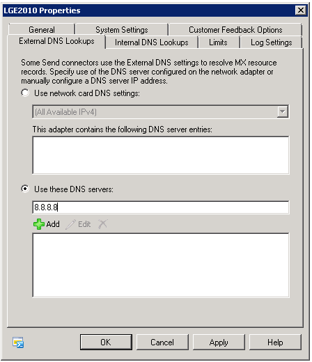 Screenshot dell'aggiunta dell'indirizzo IP dei server DNS pubblici nell'impostazione Ricerche DNS esterne.