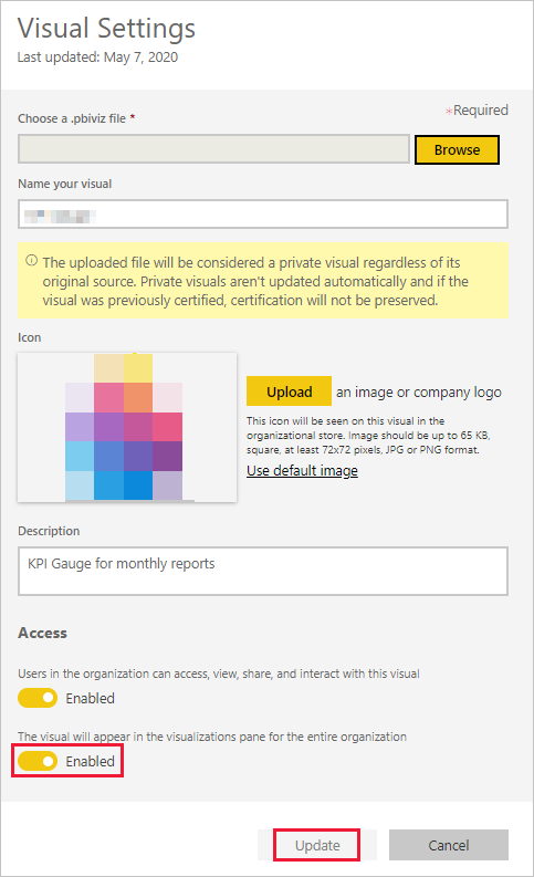 Screenshot che mostra la finestra di dialogo Visual Impostazioni con il secondo pulsante nell'area di accesso intitolata: l'oggetto visivo verrà visualizzato nel riquadro di visualizzazione per l'intera organizzazione, abilitato.