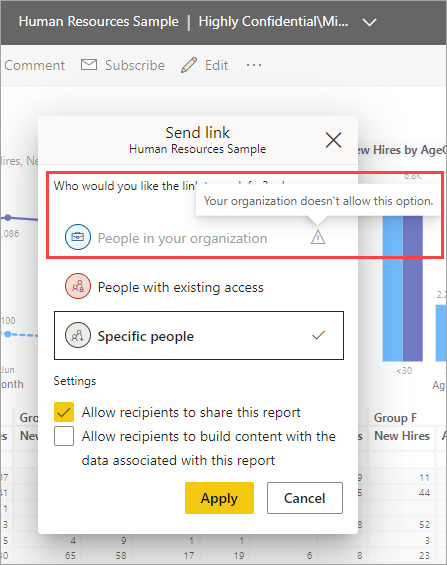 Screenshot del collegamento di condivisione disabilitato agli utenti dell'organizzazione.