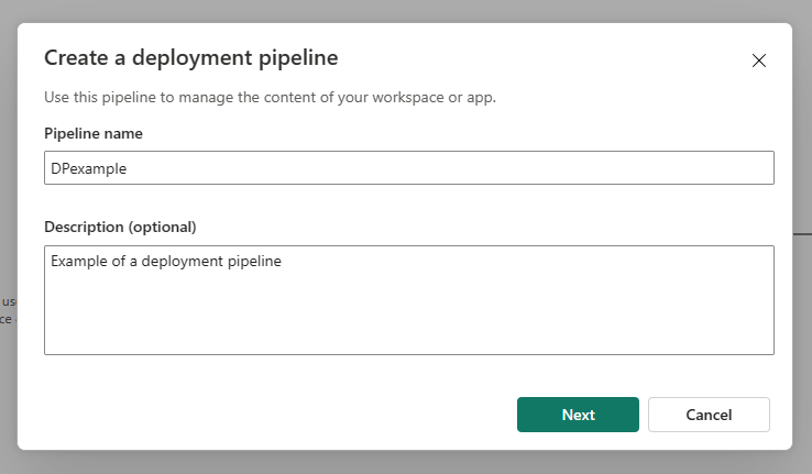 Screenshot del nome e della finestra di dialogo di descrizione della pipeline.