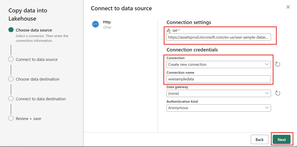 Screenshot che mostra i parametri per configurare la connessione HTTP.