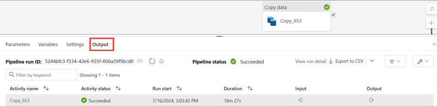 Screenshot che mostra lo stato dell’attività della pipeline di copia.