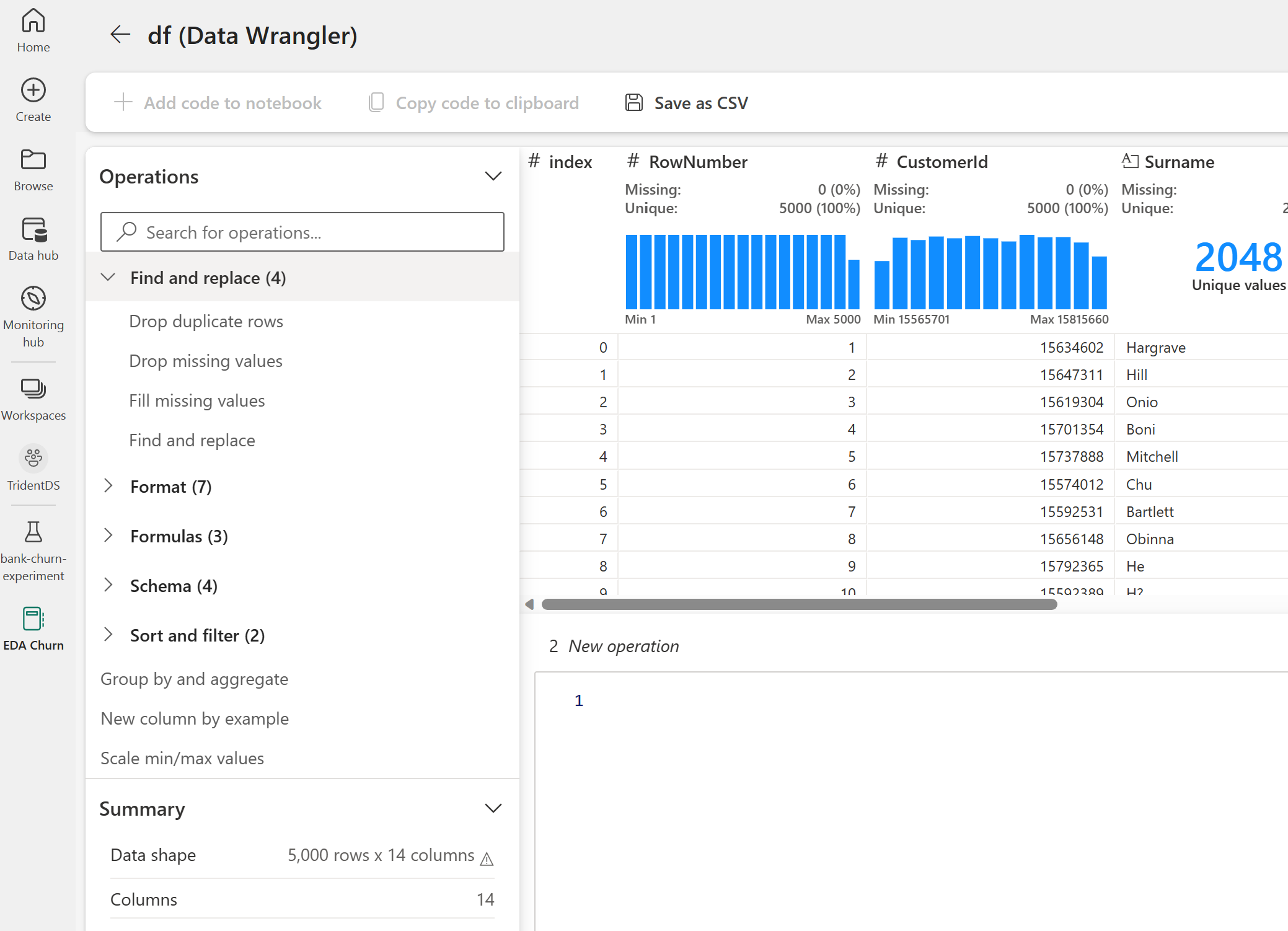 Screenshot che mostra il menu Data Wrangler.