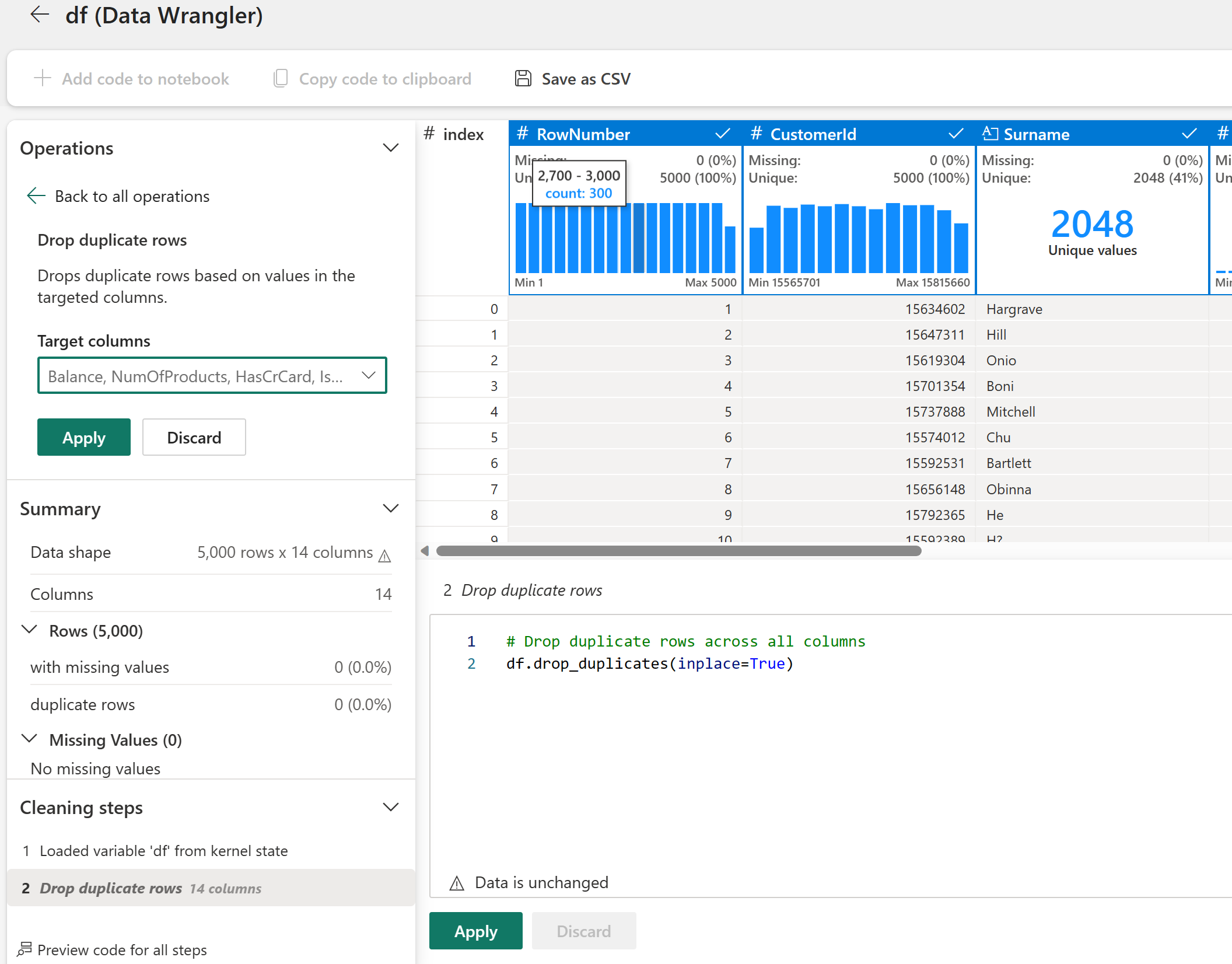 Screenshot che mostra i dati mancanti in Data Wrangler.