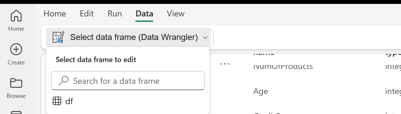 Screenshot che mostra dove accedere a Data Wrangler.